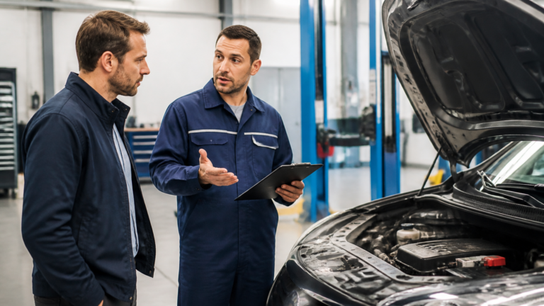 Garagiste expliquant les résultats du contrôle technique à un client dans un garage