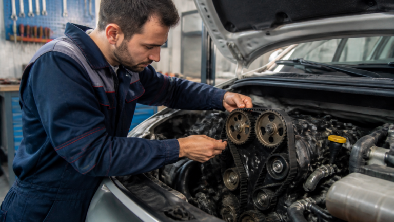 Garagiste vérifiant une courroie de distribution dans un garage automobile local