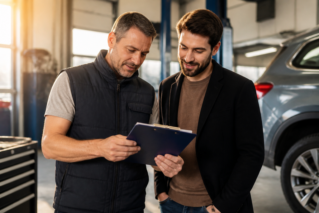 Mécanicien expliquant un devis de réparation voiture à un client dans un garage professionnel