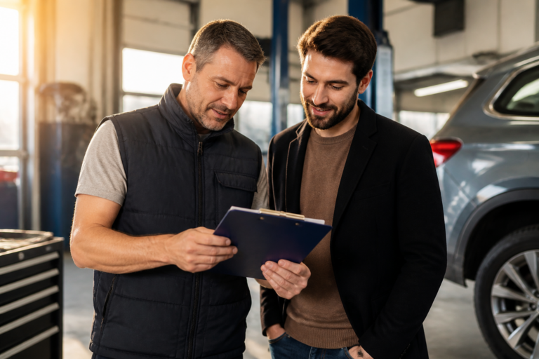 Mécanicien expliquant un devis de réparation voiture à un client dans un garage professionnel