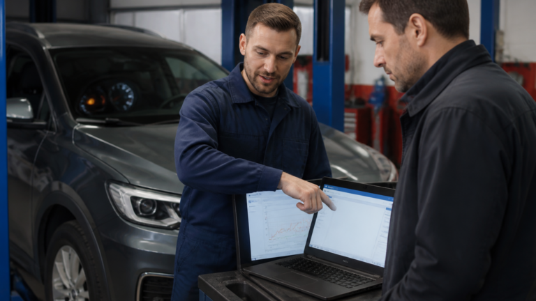 Garagiste expliquant le diagnostic du voyant moteur à un client dans un garage automobile local