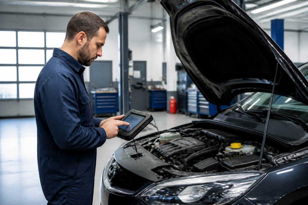 Garagiste réalisant un diagnostic électronique sur une voiture dans un garage