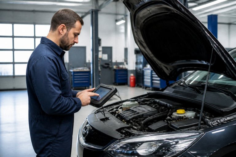 Garagiste réalisant un diagnostic électronique sur une voiture dans un garage
