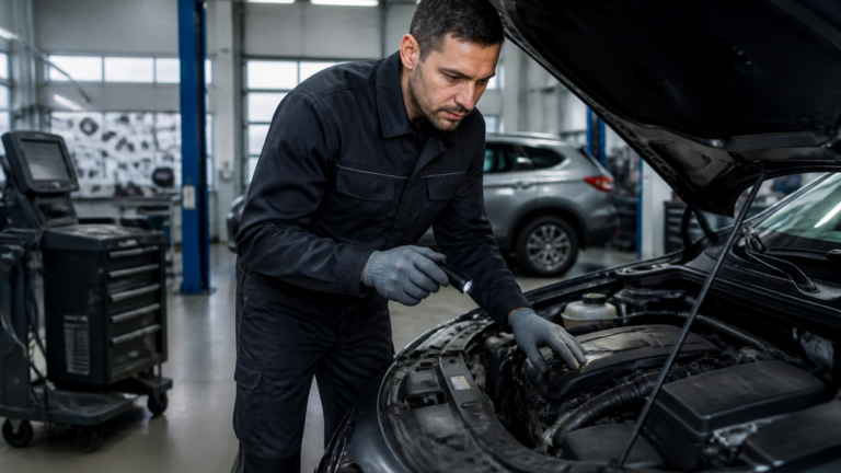 Garagiste vérifiant un véhicule pour contrôle technique dans un garage professionnel