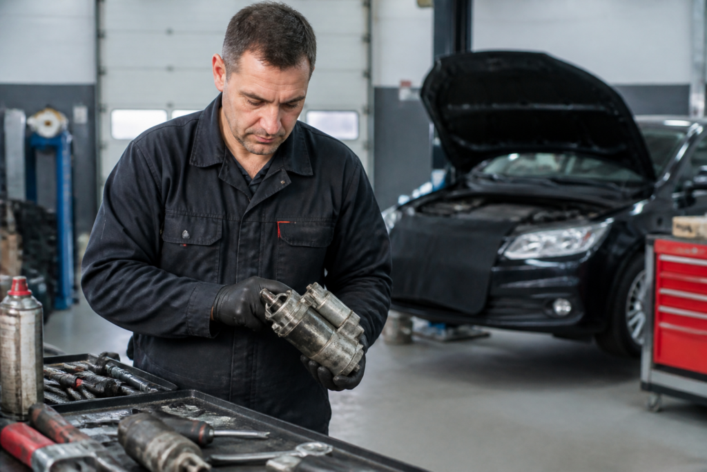 Garagiste inspectant un démarreur de voiture dans un garage automobile