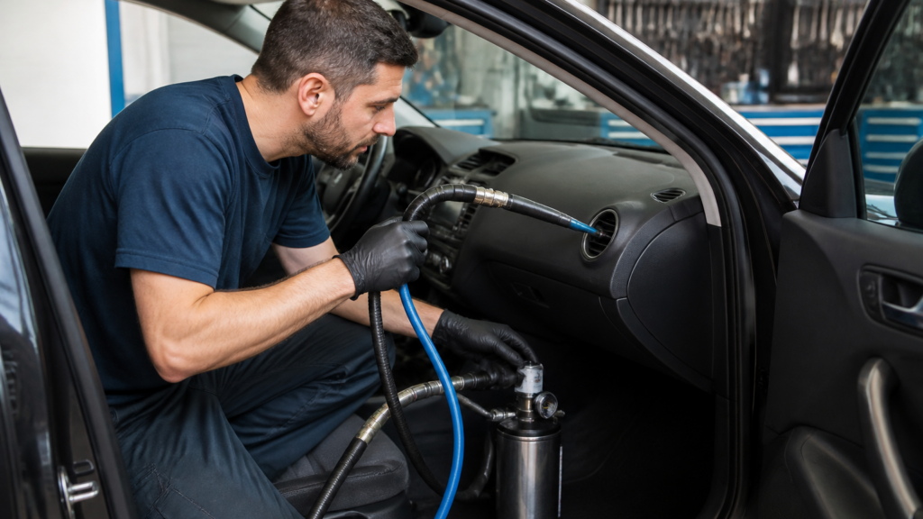 Garagiste effectuant la désinfection de la climatisation d'une voiture dans un garage