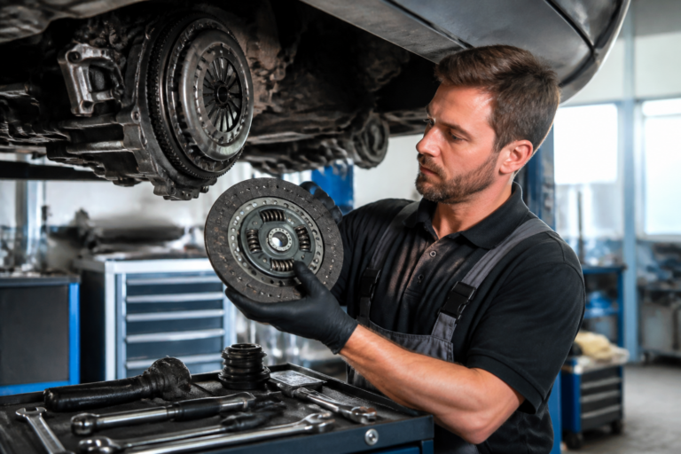 Garagiste inspectant un embrayage dans un garage automobile