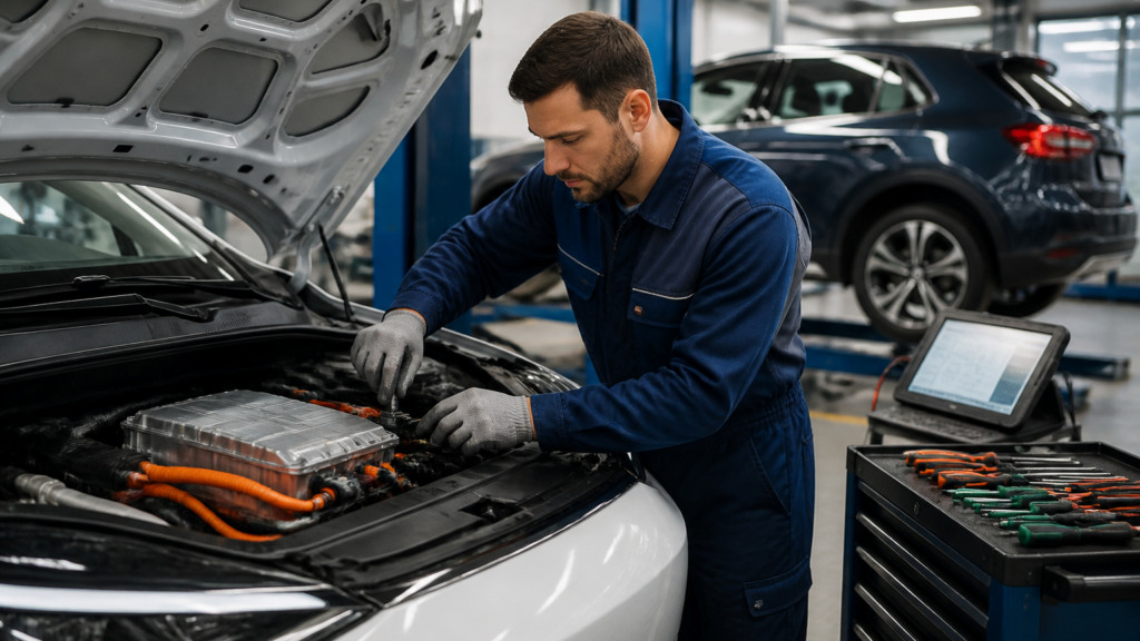 Garagiste en train d’entretenir une voiture électrique dans le garage Crauzaz à Nurieux