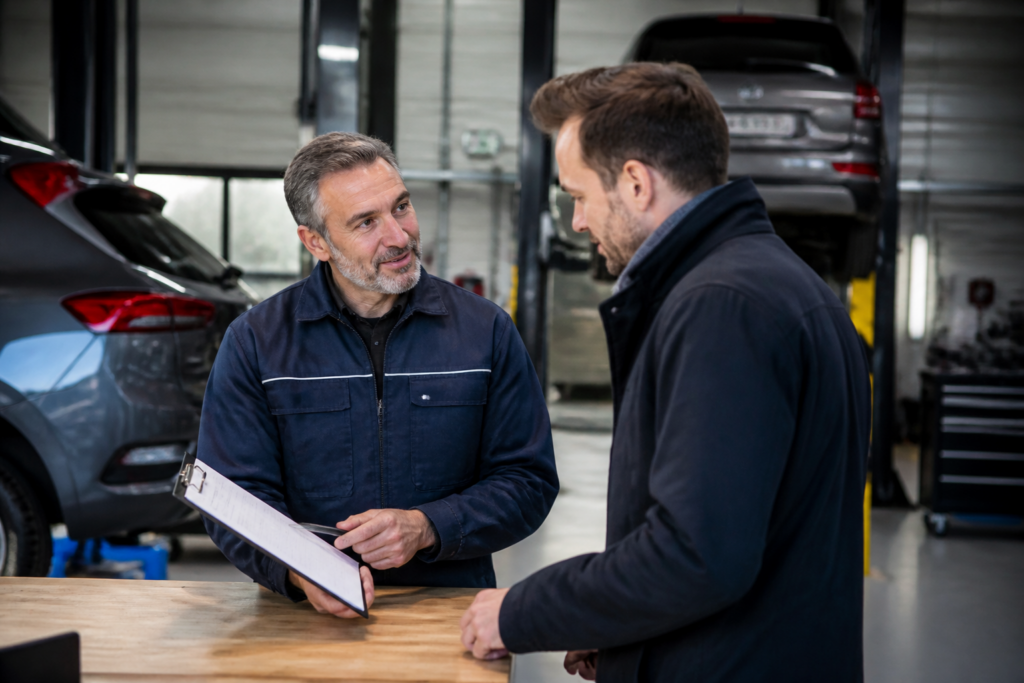 Garagiste expliquant un devis détaillé à un client dans un garage automobile