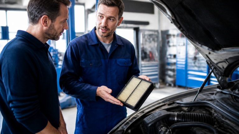 Garagiste montrant un filtre à air voiture encrassé à un client dans un garage professionnel
