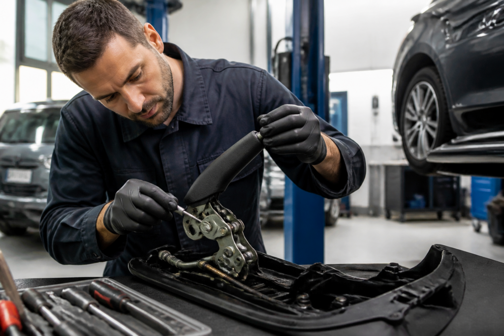 Garagiste réparant un frein à main bloqué dans un garage automobile avec outils