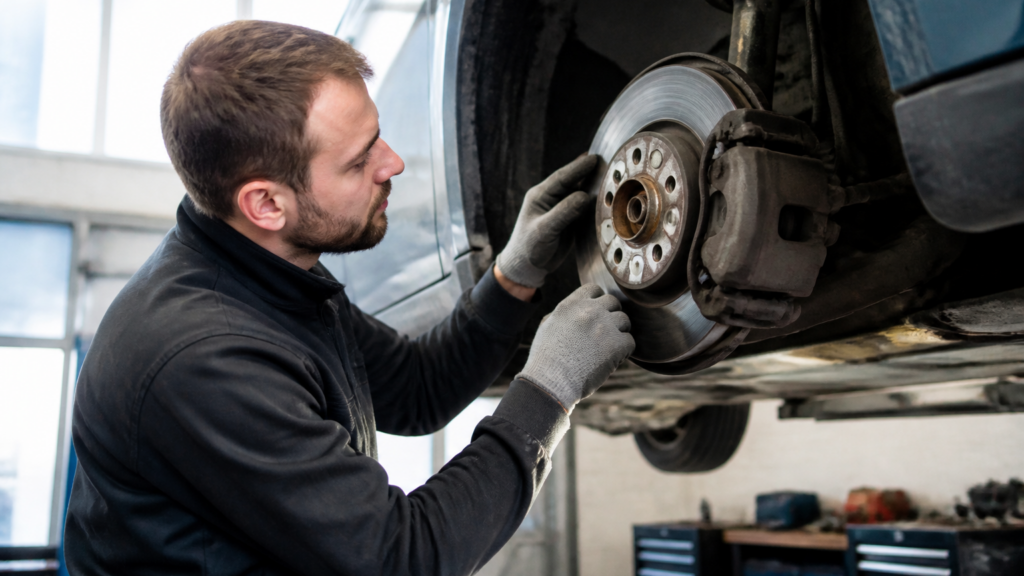 Technicien de garage inspectant les freins d'une voiture en atelier automobile