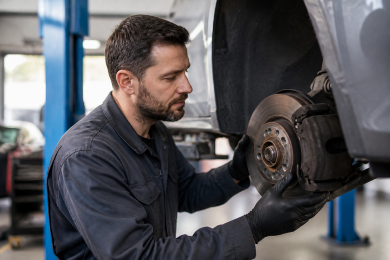 Garagiste inspectant le système de freinage d'une voiture dans un garage professionnel