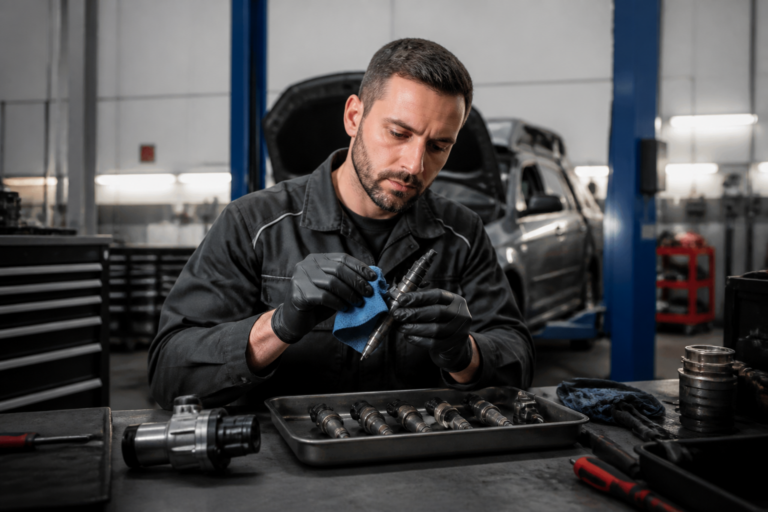 Garagiste nettoyant des injecteurs dans un garage automobile