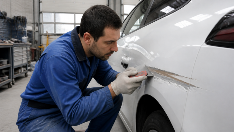 Garagiste réparant une rayure profonde sur la carrosserie d'une voiture blanche dans un garage