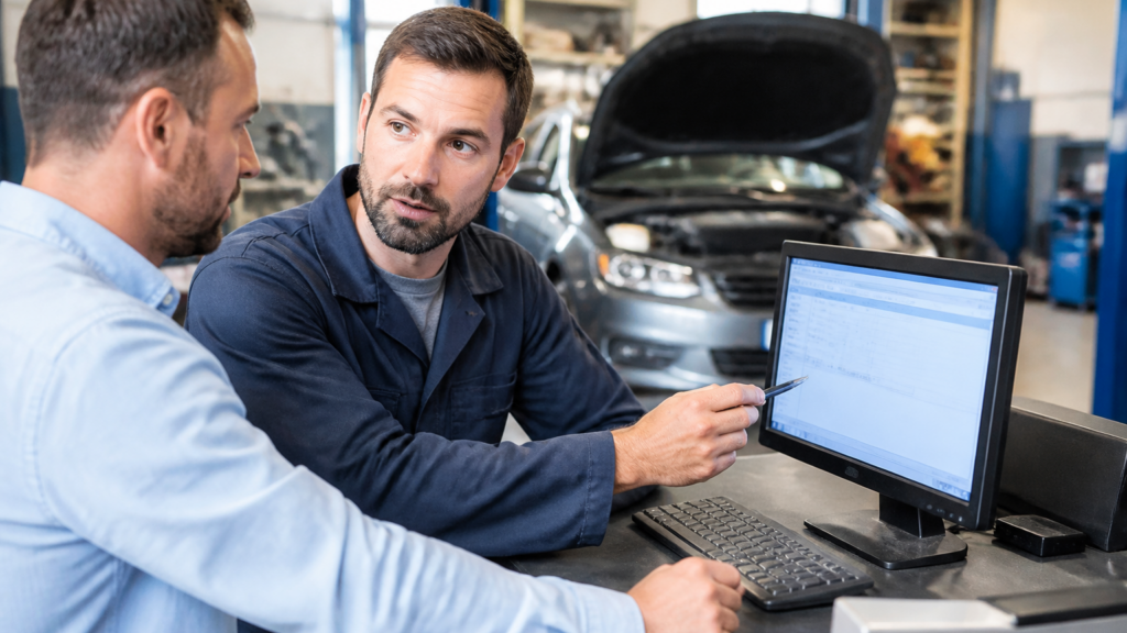 Garagiste expliquant les délais de réparation automobile à un client dans un garage local