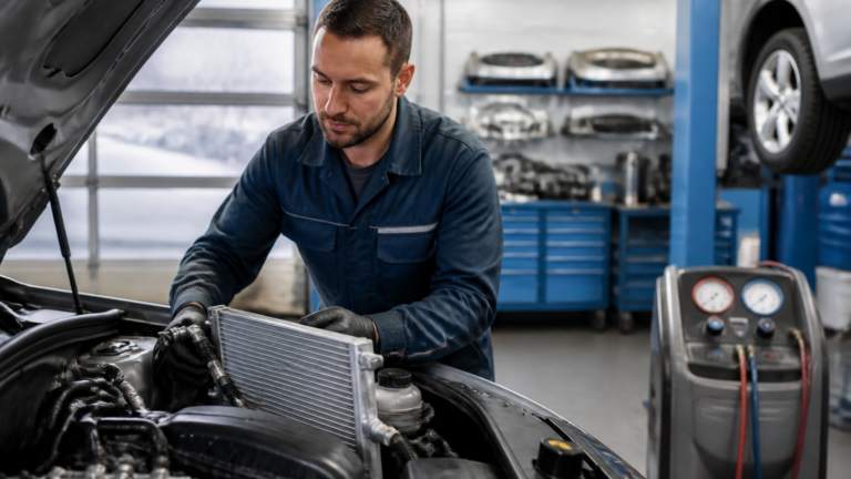 Garagiste français vérifiant la climatisation d'une voiture dans un garage local