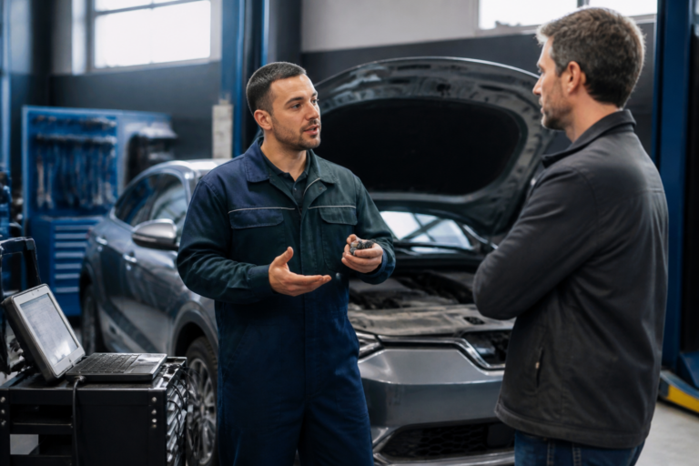 Mécanicien expliquant une réparation de voiture à un client dans un garage automobile