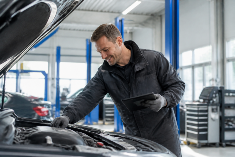 Garagiste inspectant une voiture pour un pré contrôle technique dans un garage à Nurieux