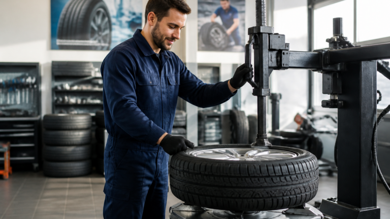 Garagiste français montant un pneu sur une jante avec machine spécialisée dans un garage automobile