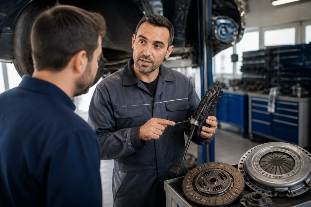 Garagiste expliquant les causes d'une pédale d'embrayage dure dans un garage automobile